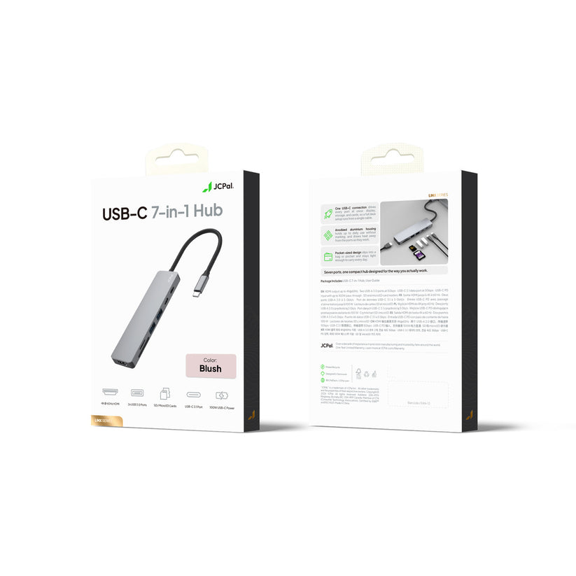 JCPAL Linx USB-C 7in1 - przejściówka USB-C (2 x USB-A 3.0 / USB-C 3.1 / HDMI 60Hz / czytnik kart micro/SD / PD 100W) różowa