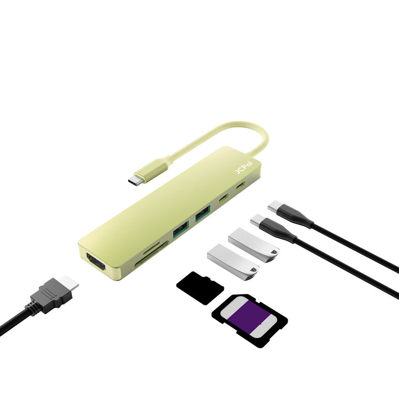 JCPAL Linx USB-C 7in1 - przejściówka USB-C (2 x USB-A 3.0 / USB-C 3.1 / HDMI 60Hz / czytnik kart micro/SD / PD 100W) żółta