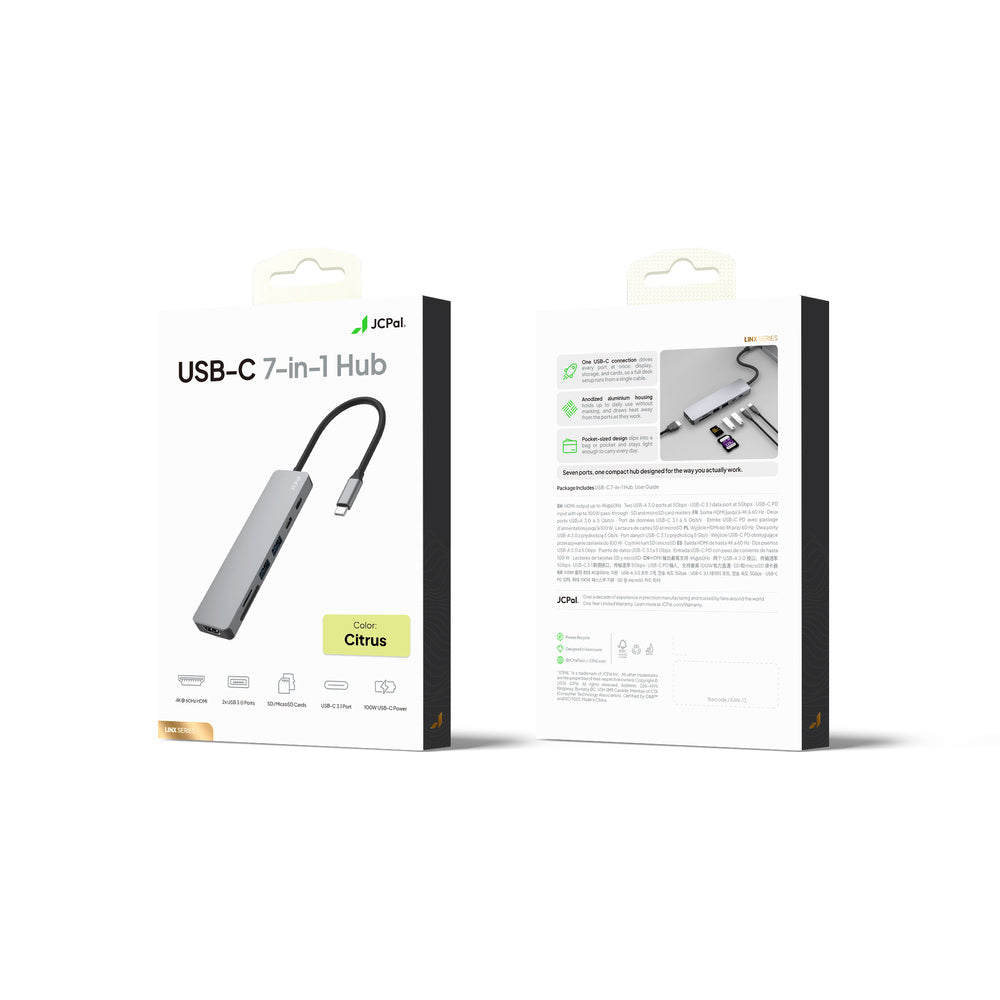 JCPAL Linx USB-C 7in1 - przejściówka USB-C (2 x USB-A 3.0 / USB-C 3.1 / HDMI 60Hz / czytnik kart micro/SD / PD 100W) żółta